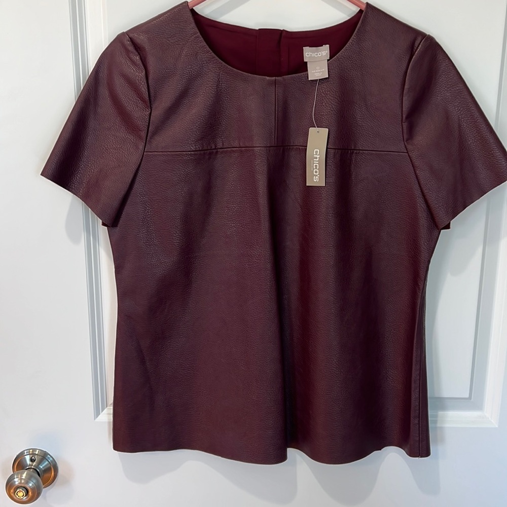 NWT Chico’s Faux Leather Tee, Top, Deep Merlot,  Size 0